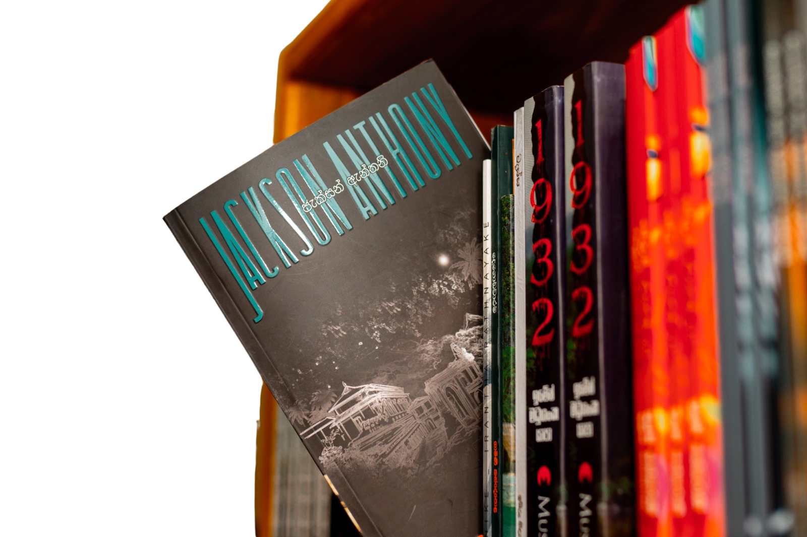 A collection of books with a featured novel